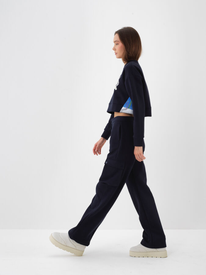 Lacivert Pamuk Dokulu Oversize Sweatshirt - Xint