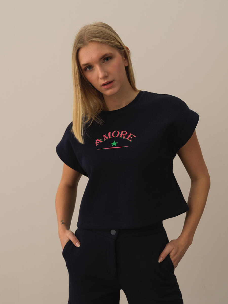 Lacivert Pamuk Dokulu Oversize Sweatshirt