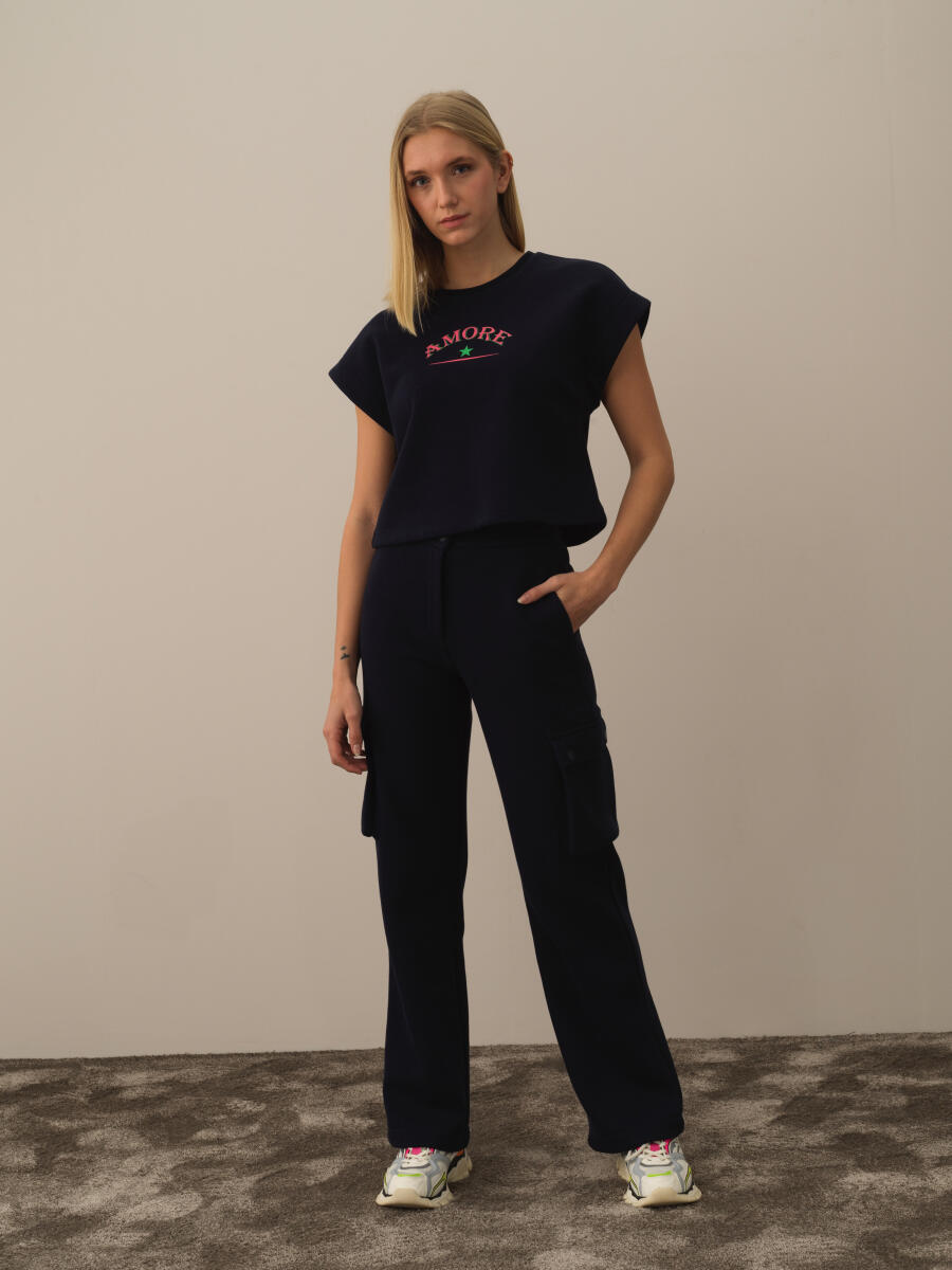 Lacivert Pamuk Dokulu Oversize Sweatshirt - 2