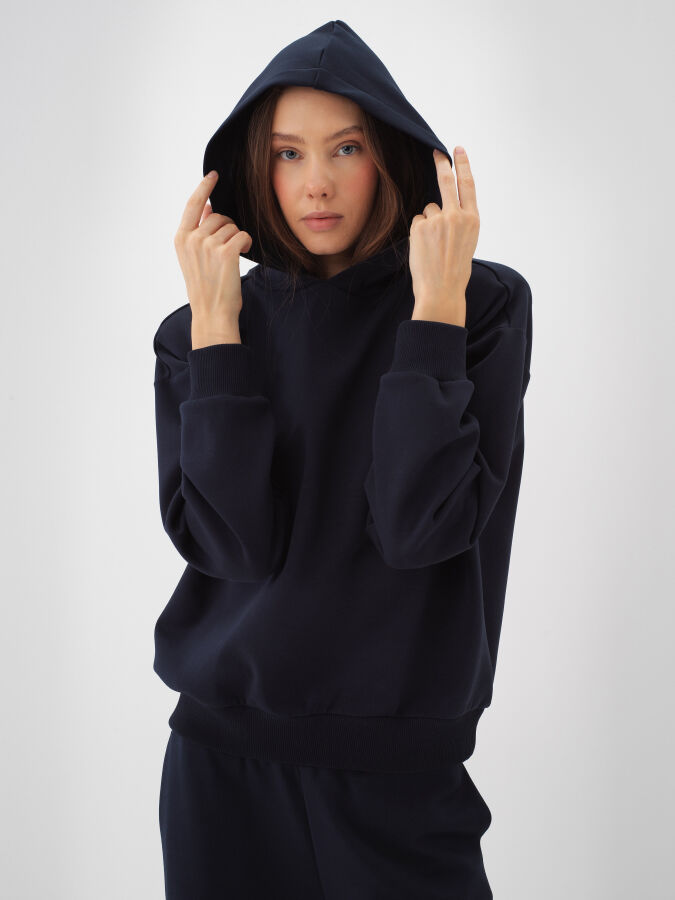 Lacivert Pamuk Dokulu Oversize Sweatshirt - Xint