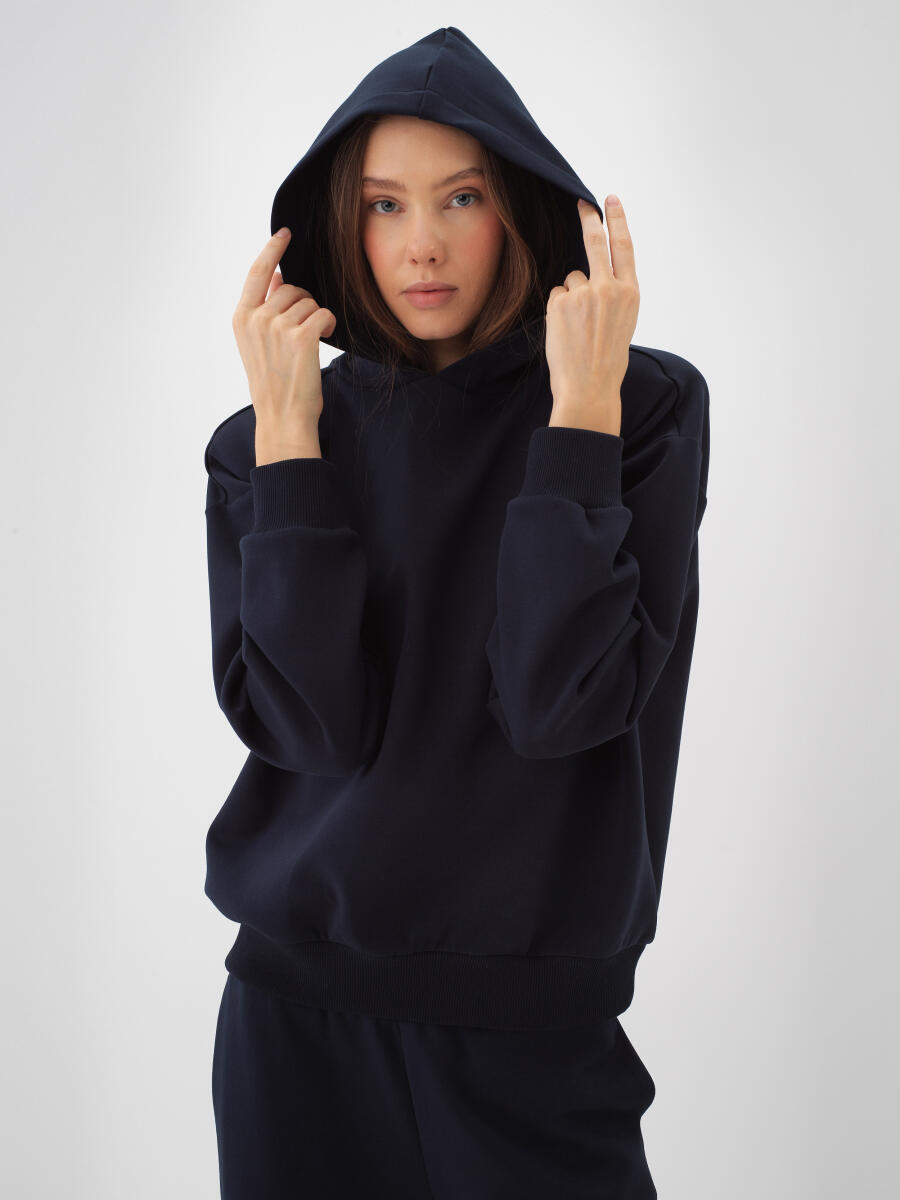 Lacivert Pamuk Dokulu Oversize Sweatshirt