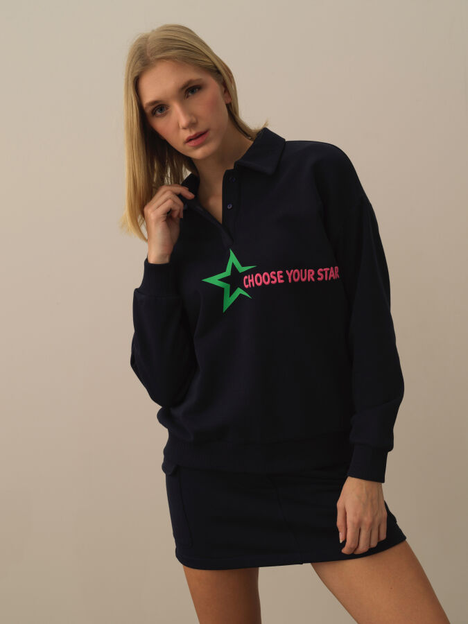 Lacivert Pamuk Dokulu Regular Fit Sweatshirt - Xint
