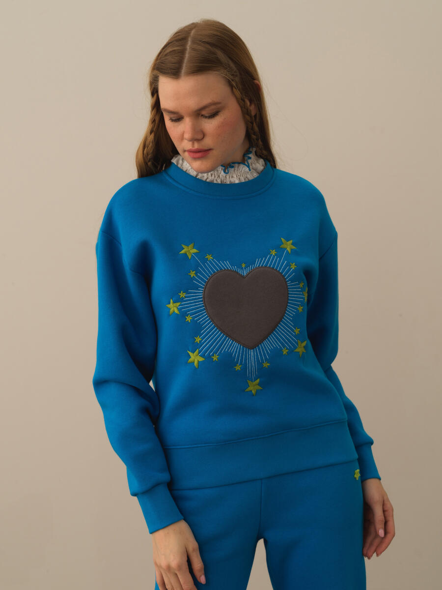 Mavi Pamuk Dokulu Oversize Sweatshirt