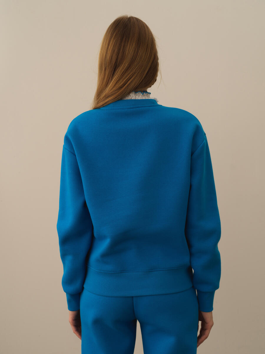 Mavi Pamuk Dokulu Oversize Sweatshirt - 3