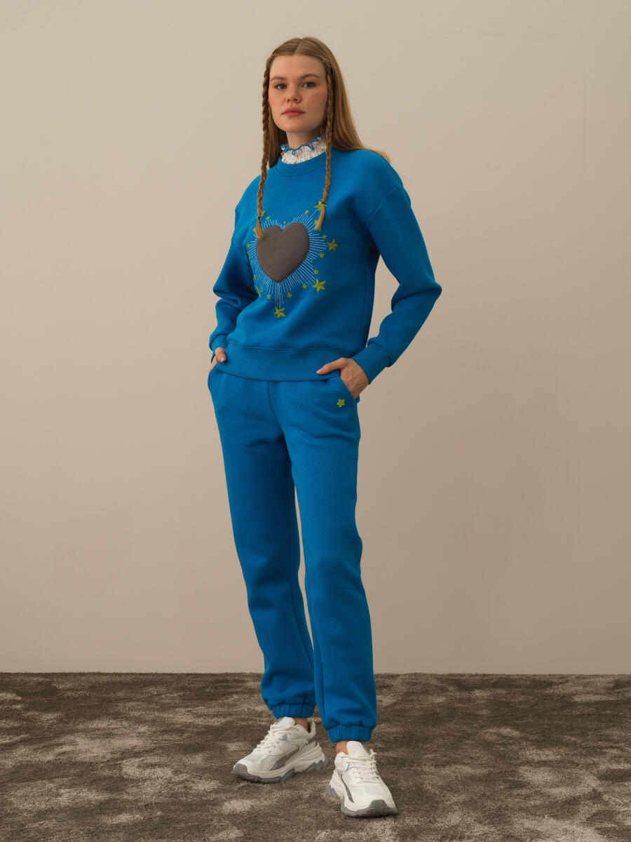 Mavi Pamuk Dokulu Oversize Sweatshirt - 2