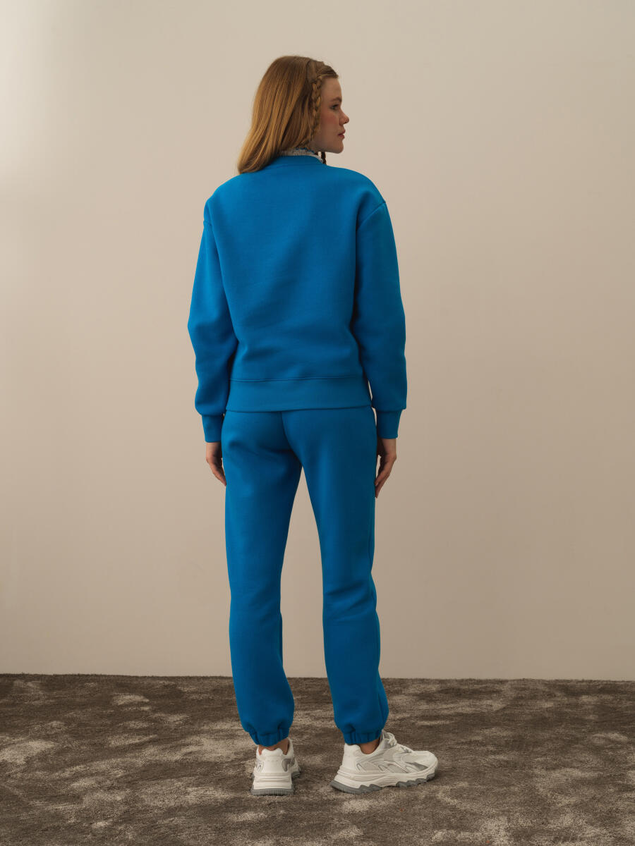 Mavi Pamuk Dokulu Oversize Sweatshirt - 4