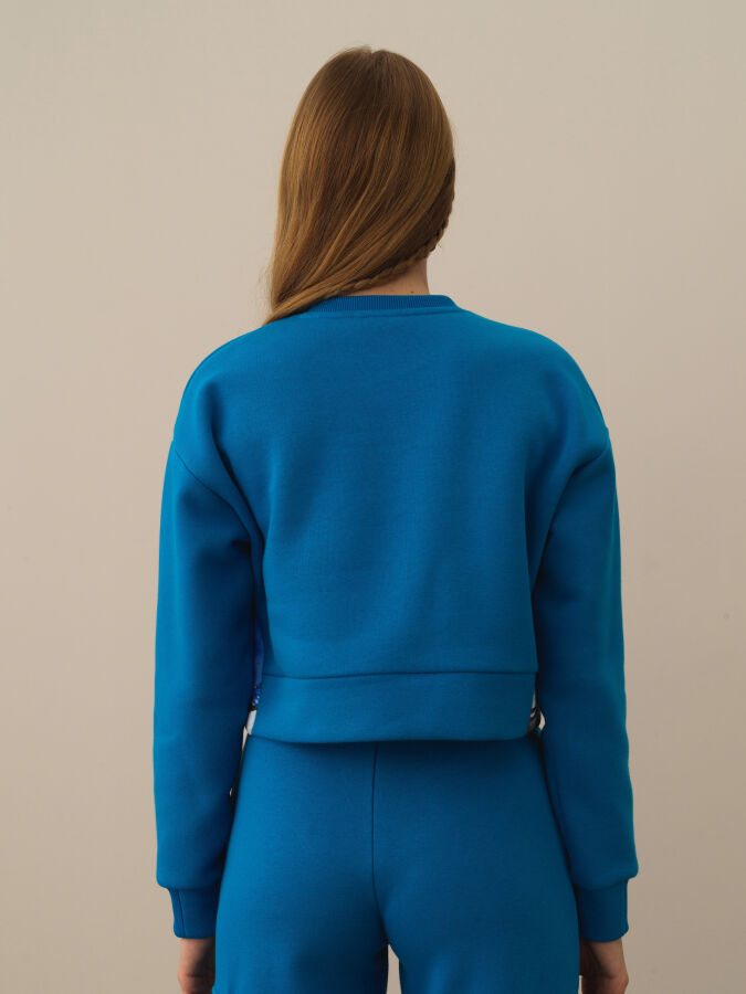 Mavi Pamuk Dokulu Oversize Sweatshirt - Xint