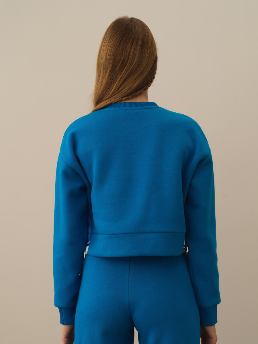 Mavi Pamuk Dokulu Oversize Sweatshirt - 4