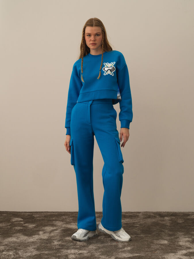 Mavi Pamuk Dokulu Oversize Sweatshirt - Xint