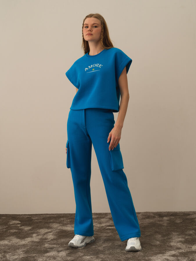 Mavi Pamuk Dokulu Oversize Sweatshirt - Xint