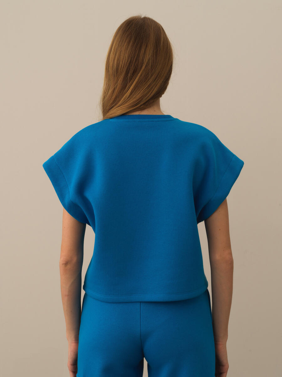 Mavi Pamuk Dokulu Oversize Sweatshirt - 3