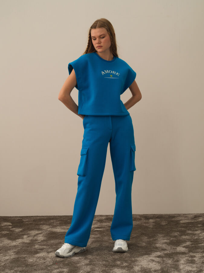 Mavi Pamuk Dokulu Oversize Sweatshirt - Xint