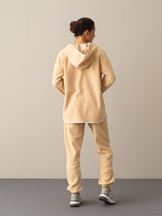 Bej Oversize Kapüşonlu Polar Sweatshirt - 4