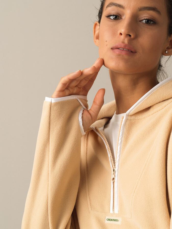 Bej Oversize Kapüşonlu Polar Sweatshirt - 1