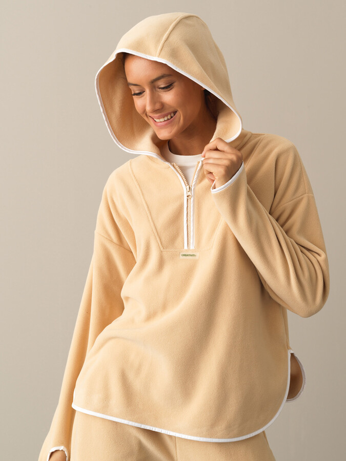 Bej Oversize Kapüşonlu Polar Sweatshirt - 2