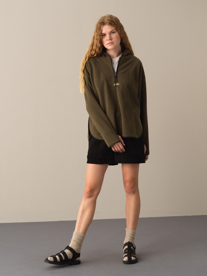 Haki Oversize Kapüşonlu Polar Sweatshirt - 2