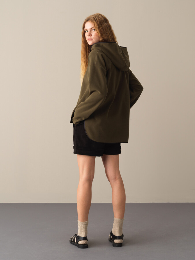 Haki Oversize Kapüşonlu Polar Sweatshirt - 5