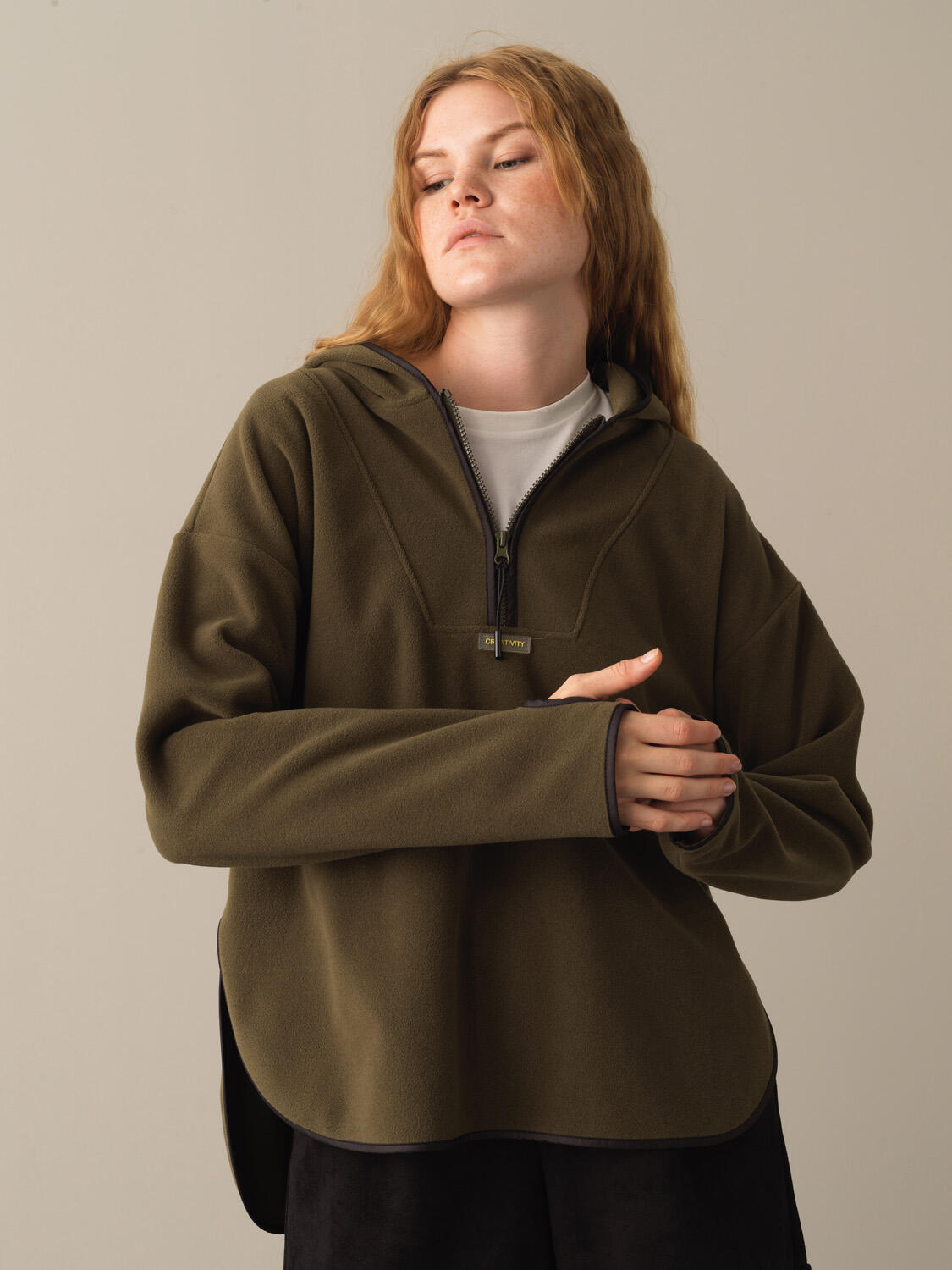 Haki Pamuk Dokulu Fermuarlı Polar Sweatshirt 