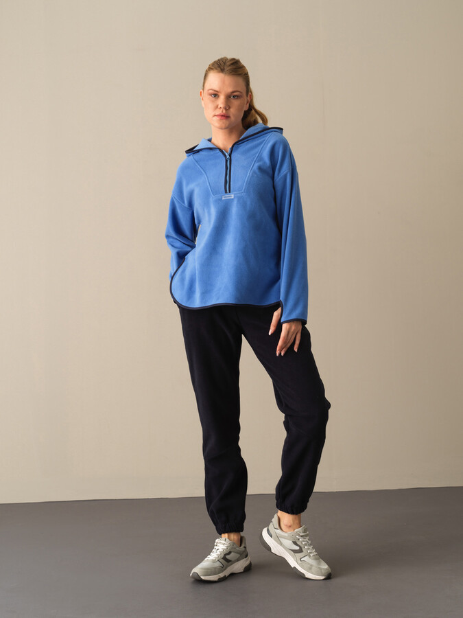 Mavi Oversize Kapüşonlu Polar Sweatshirt - 2