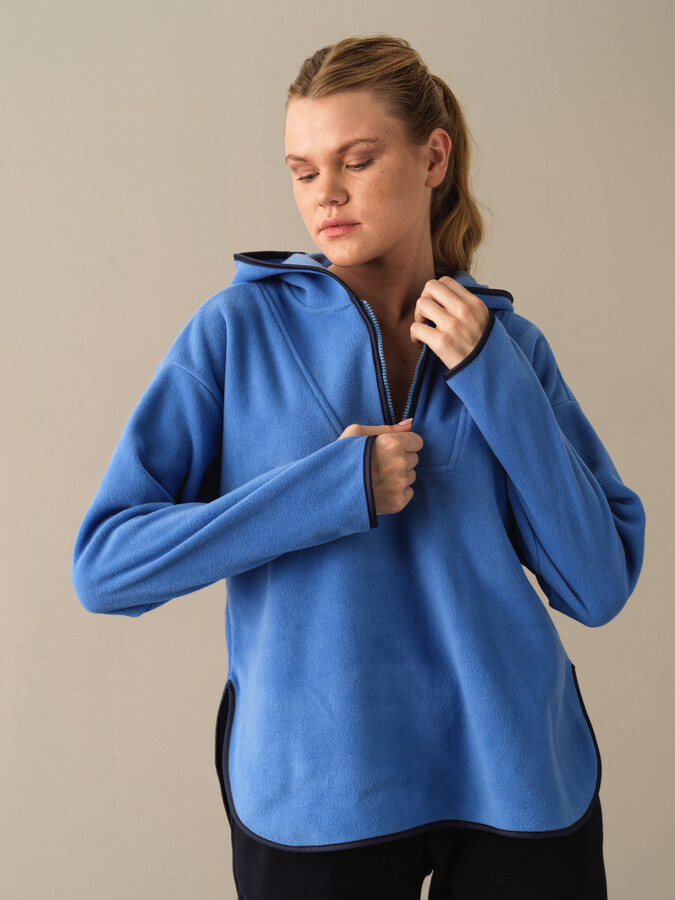 Mavi Oversize Kapüşonlu Polar Sweatshirt - 1