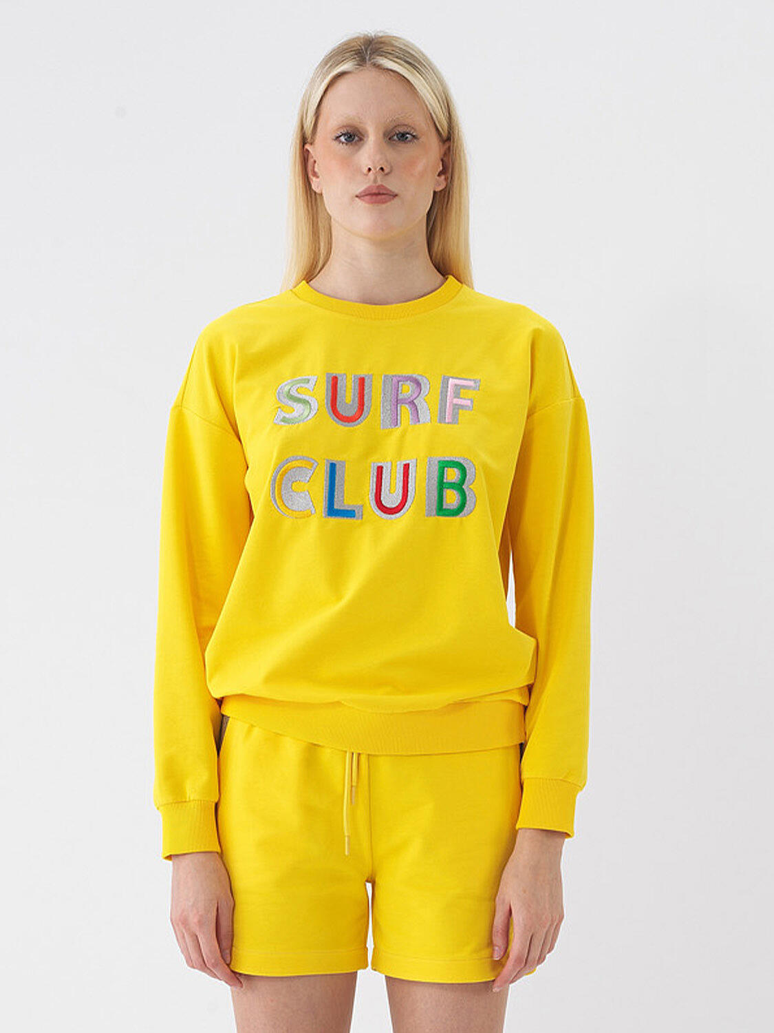 Sarı Pamuk Dokulu Oversize Sweatshirt - 1