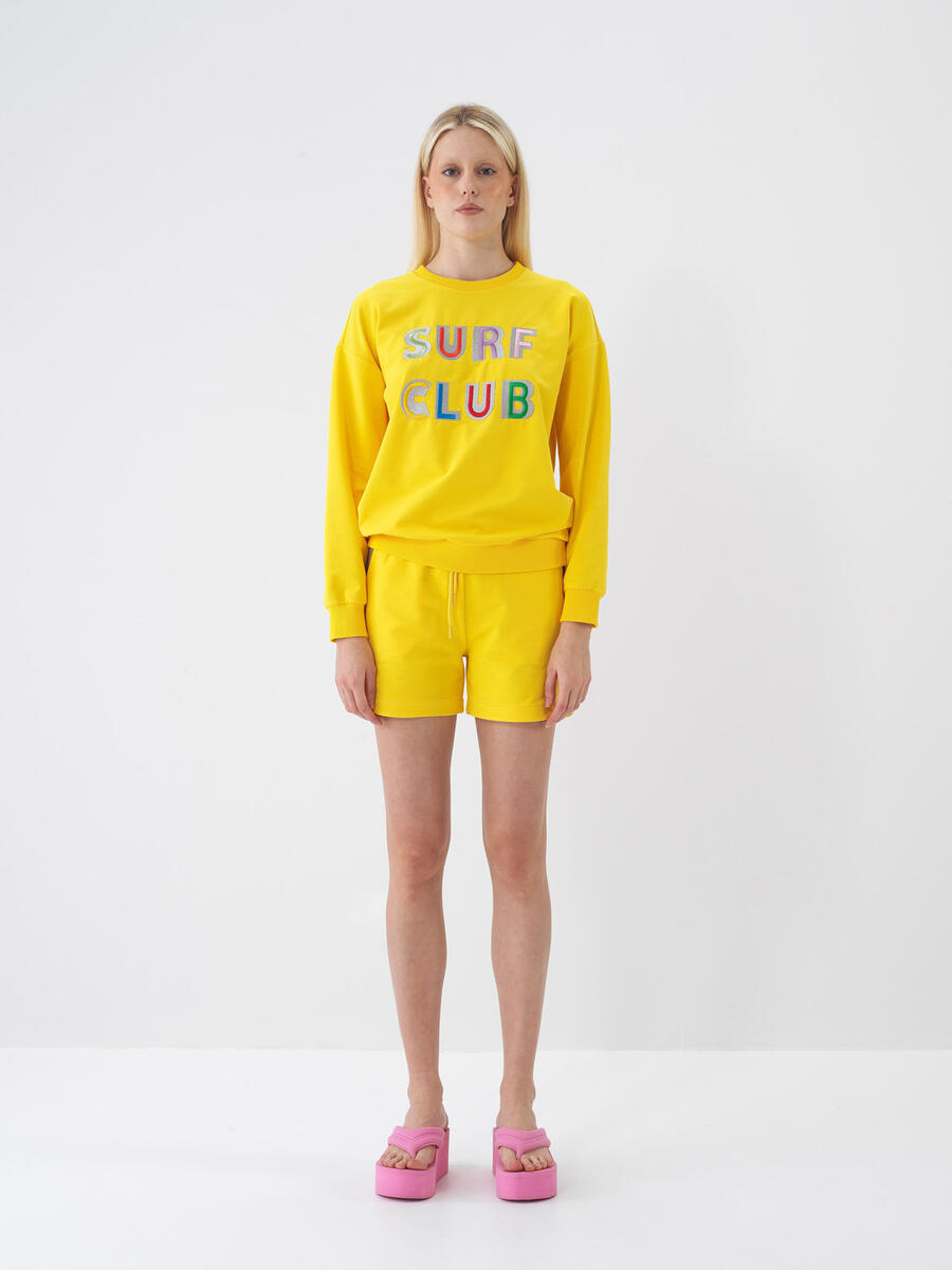 Sarı Pamuk Dokulu Oversize Sweatshirt - 2