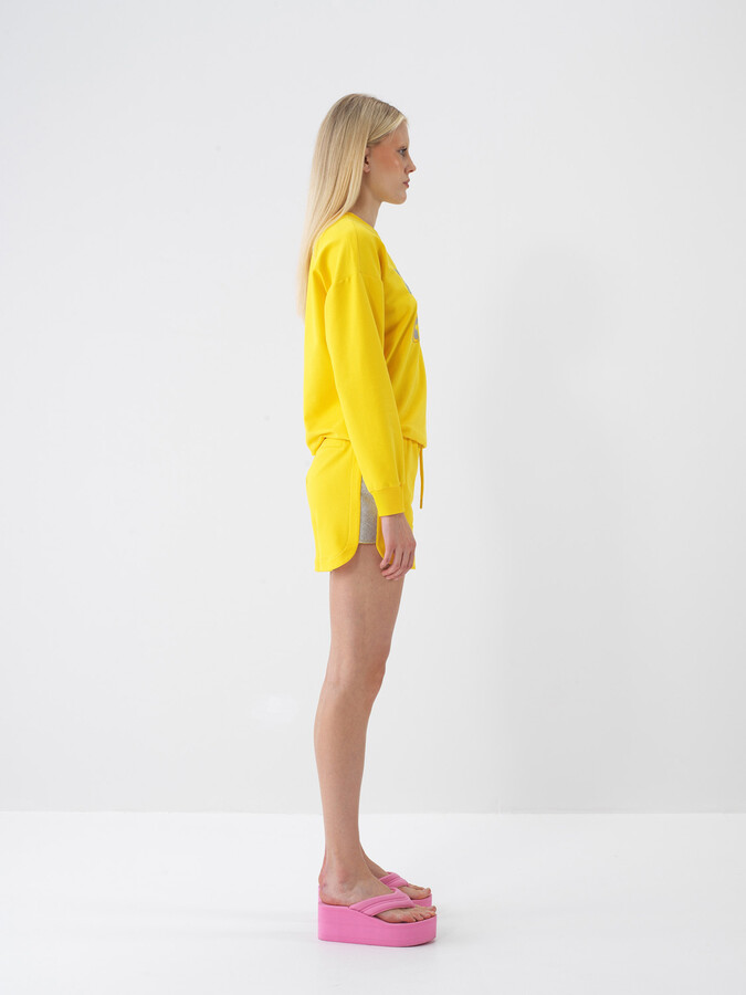 Sarı Pamuk Dokulu Oversize Sweatshirt - 3