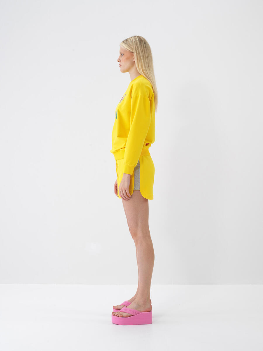 Sarı Pamuk Dokulu Oversize Sweatshirt - 4