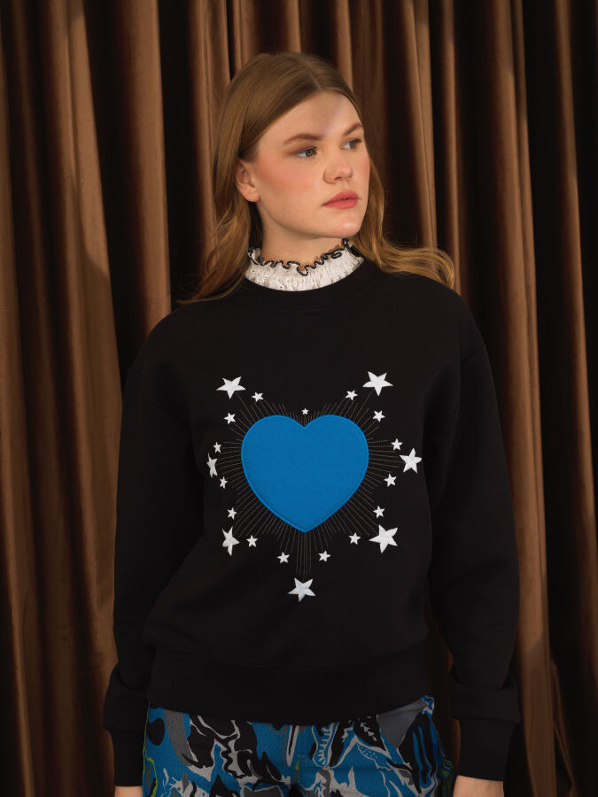 Siyah Oversize Dik Yaka Pamuklu Sweatshirt - 1