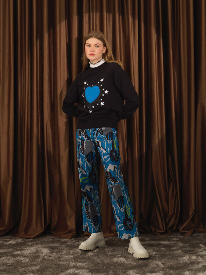 Siyah Oversize Dik Yaka Pamuklu Sweatshirt - 2