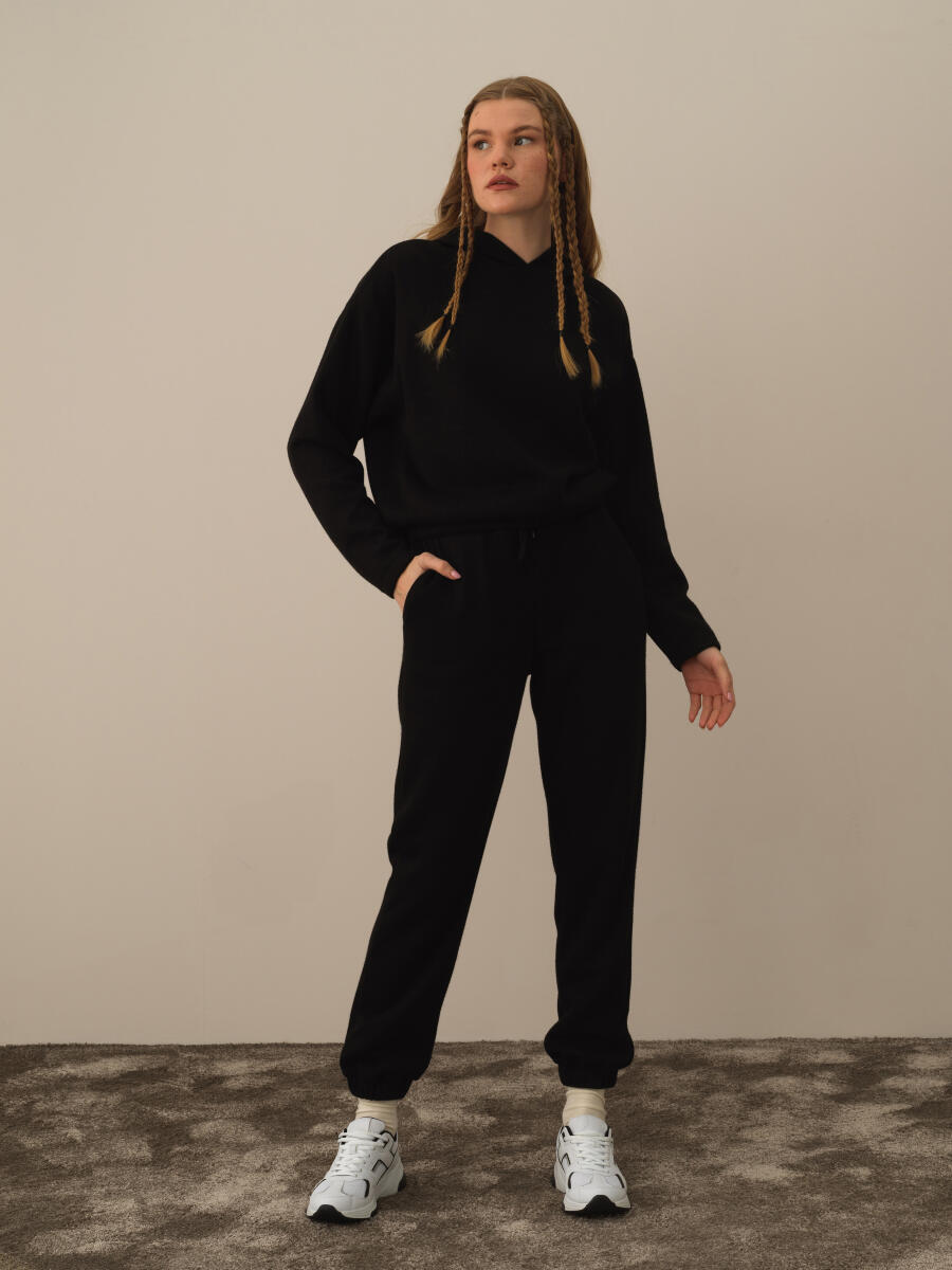 Siyah Pamuk Dokulu Oversize Sweatshirt - 2