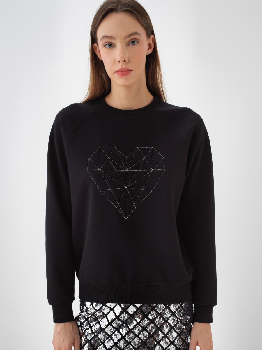 Siyah Pamuk Dokulu Regular Fit Sweatshirt - 2