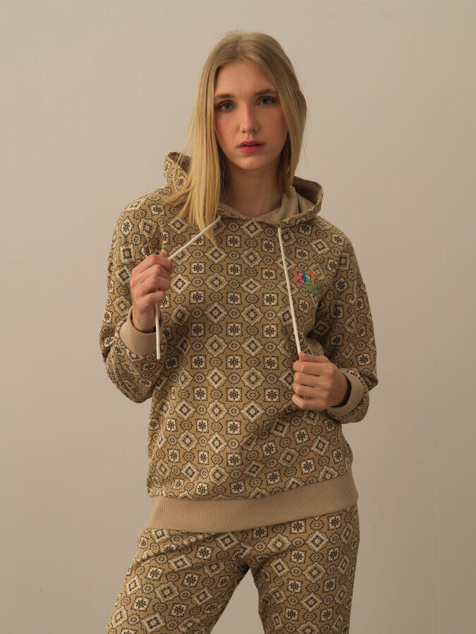 Xint Toptan Bej Işıltılı Lurex Detaylı Oversize Sweatshirt