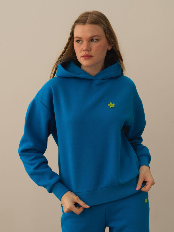 Xint Toptan Mavi Pamuk Dokulu Oversize Sweatshirt