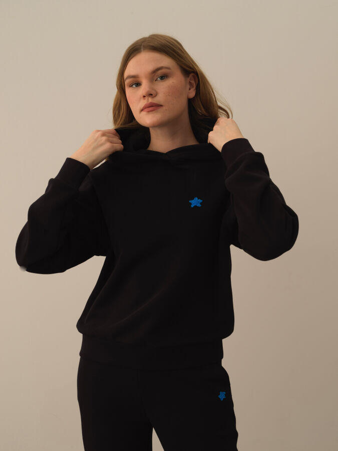 Xint Toptan Siyah Pamuk Dokulu Oversize Sweatshirt