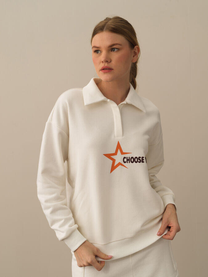 Xint Toptan Ekru Pamuk Dokulu Regular Fit Sweatshirt