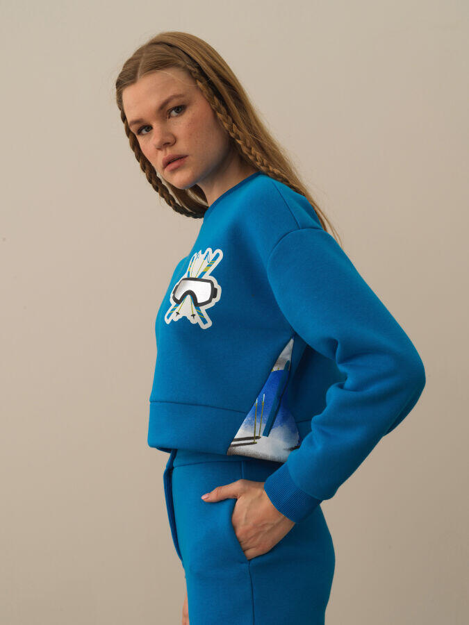 Xint Toptan Mavi Pamuk Dokulu Oversize Sweatshirt