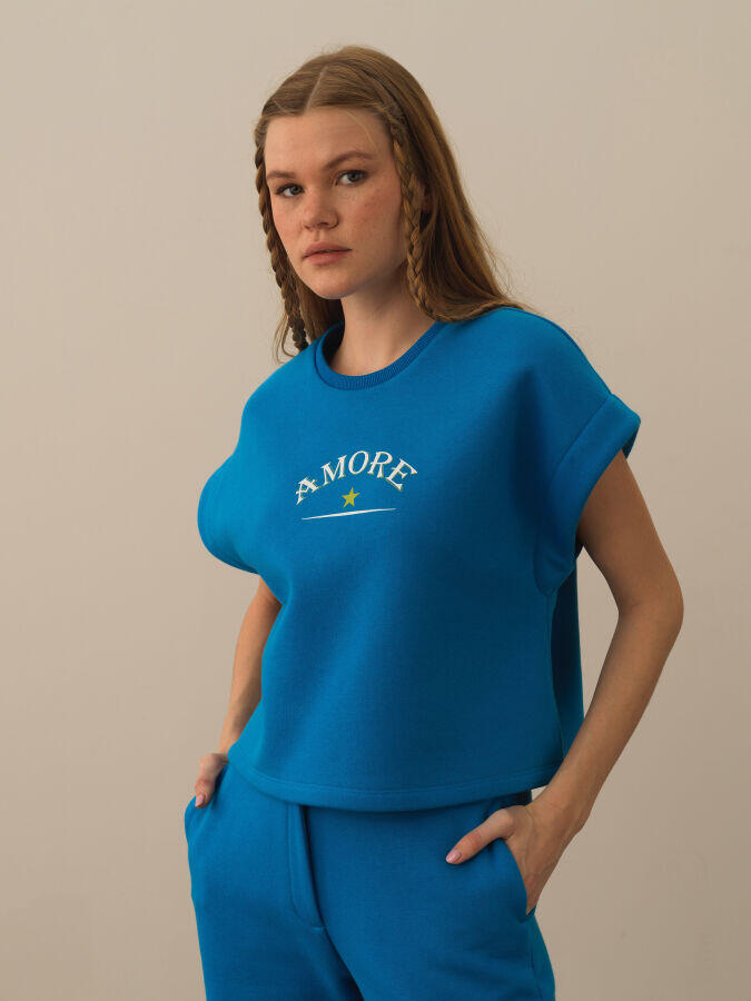 Xint Toptan Mavi Pamuk Dokulu Oversize Sweatshirt