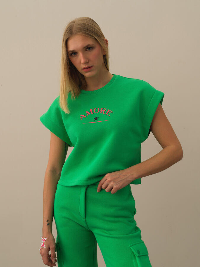 Xint Toptan Yeşil Pamuk Dokulu Oversize Sweatshirt