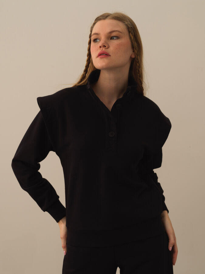 Xint Toptan Siyah Pamuk Dokulu Regular Fit Sweatshirt