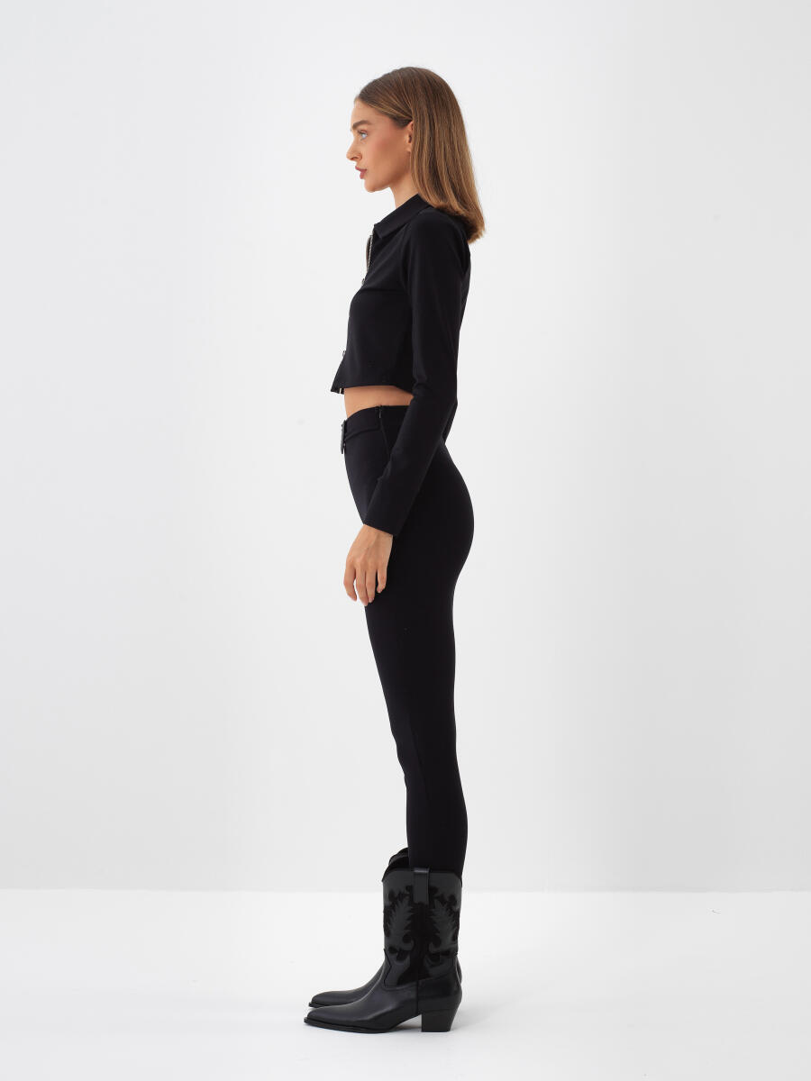 Siyah Esnek Dokulu Slim Fit Tayt - 3