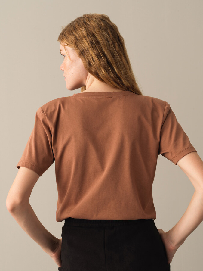 Camel Pamuk Dokulu Regular Fit Vatkalı Tişört - Xint