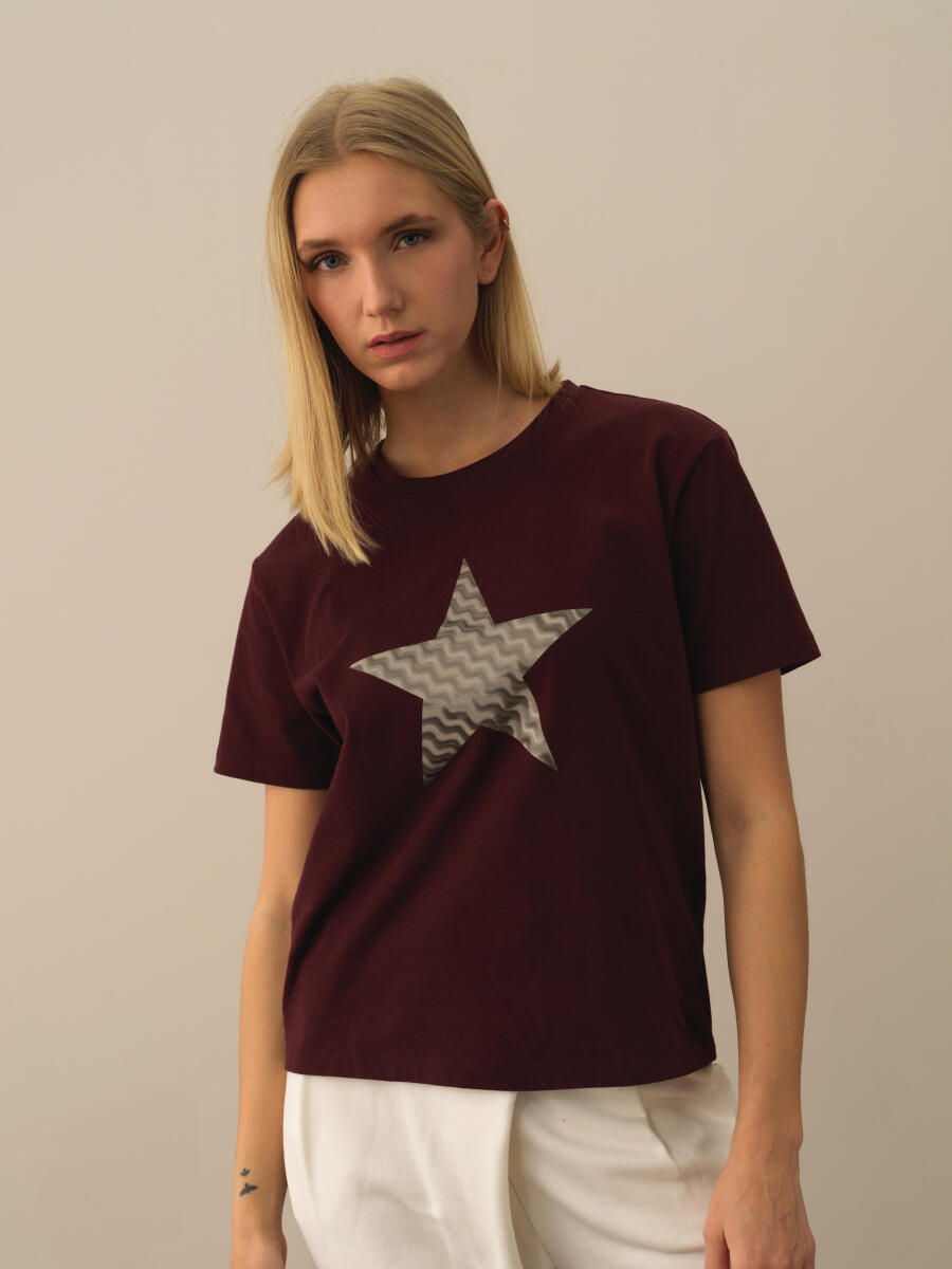 Bordo Oversize Bisiklet Yaka Pamuk Tişört (1)