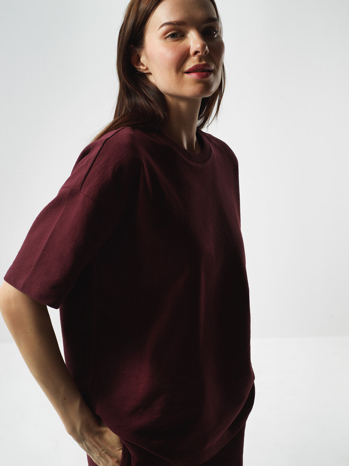Bordo Pamuk Dokulu Oversize Tişört - Xint