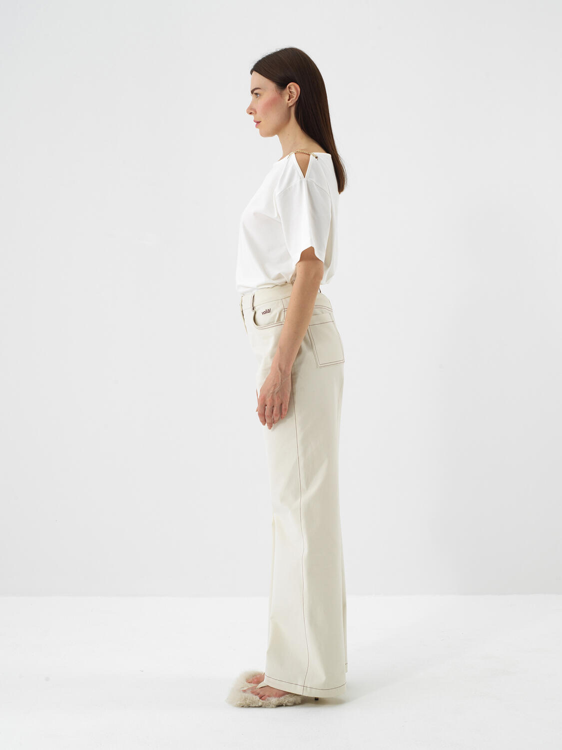 Ekru Pamuk Dokulu Oversize Tişört - 3