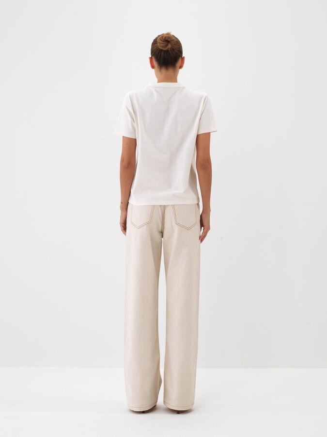 Ekru Pamuk Dokulu Regular Fit Tişört - Xint