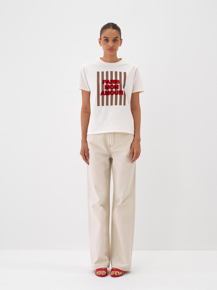 Ekru Pamuk Dokulu Regular Fit Tişört