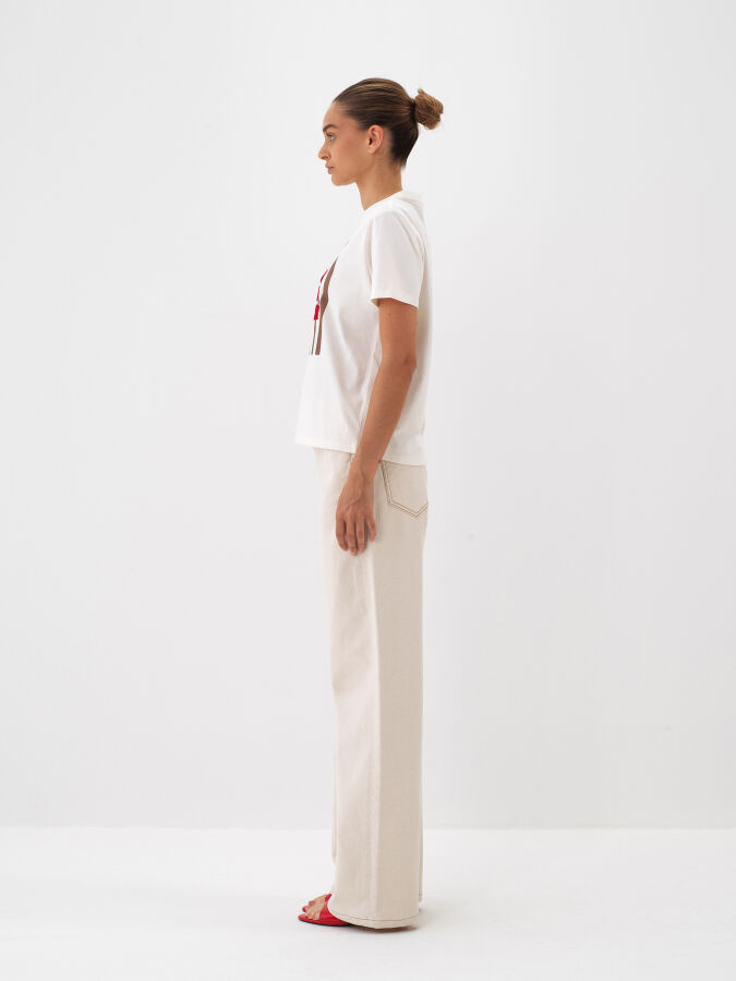 Ekru Pamuk Dokulu Regular Fit Tişört - Xint