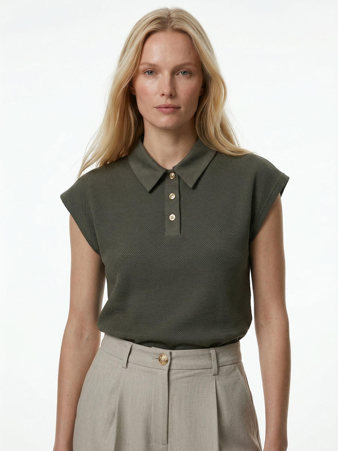 Haki Pamuk Dokulu Oversize Tişört - 1