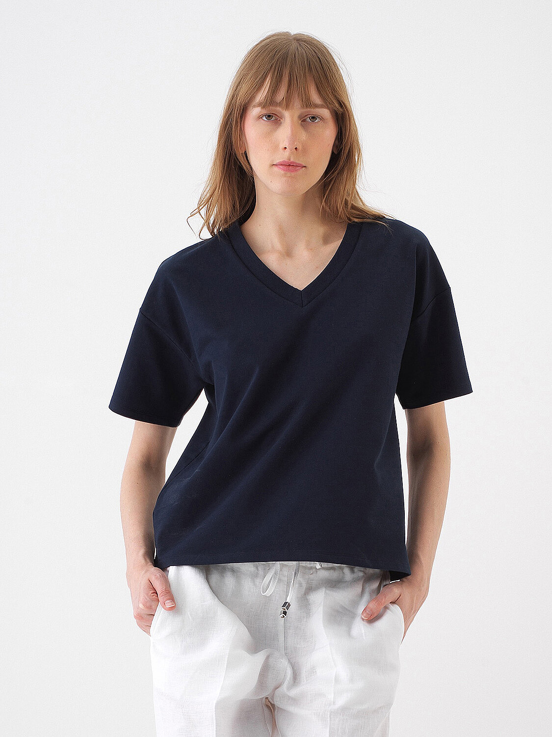 Lacivert Pamuk Dokulu Oversize Tişört